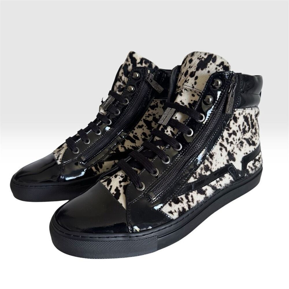 Versace Collection Black Pony Hair Patent Leather High Top Sneakers Medusa NEW